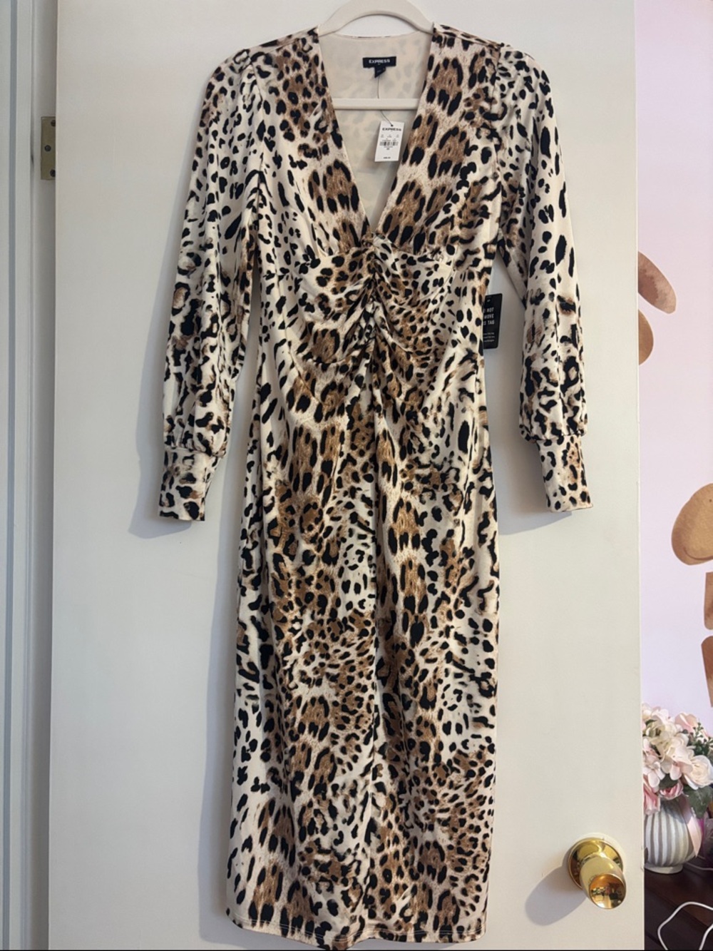Express Leopard-Print Long Sleeve Midi Dress - Taupe Black Cream